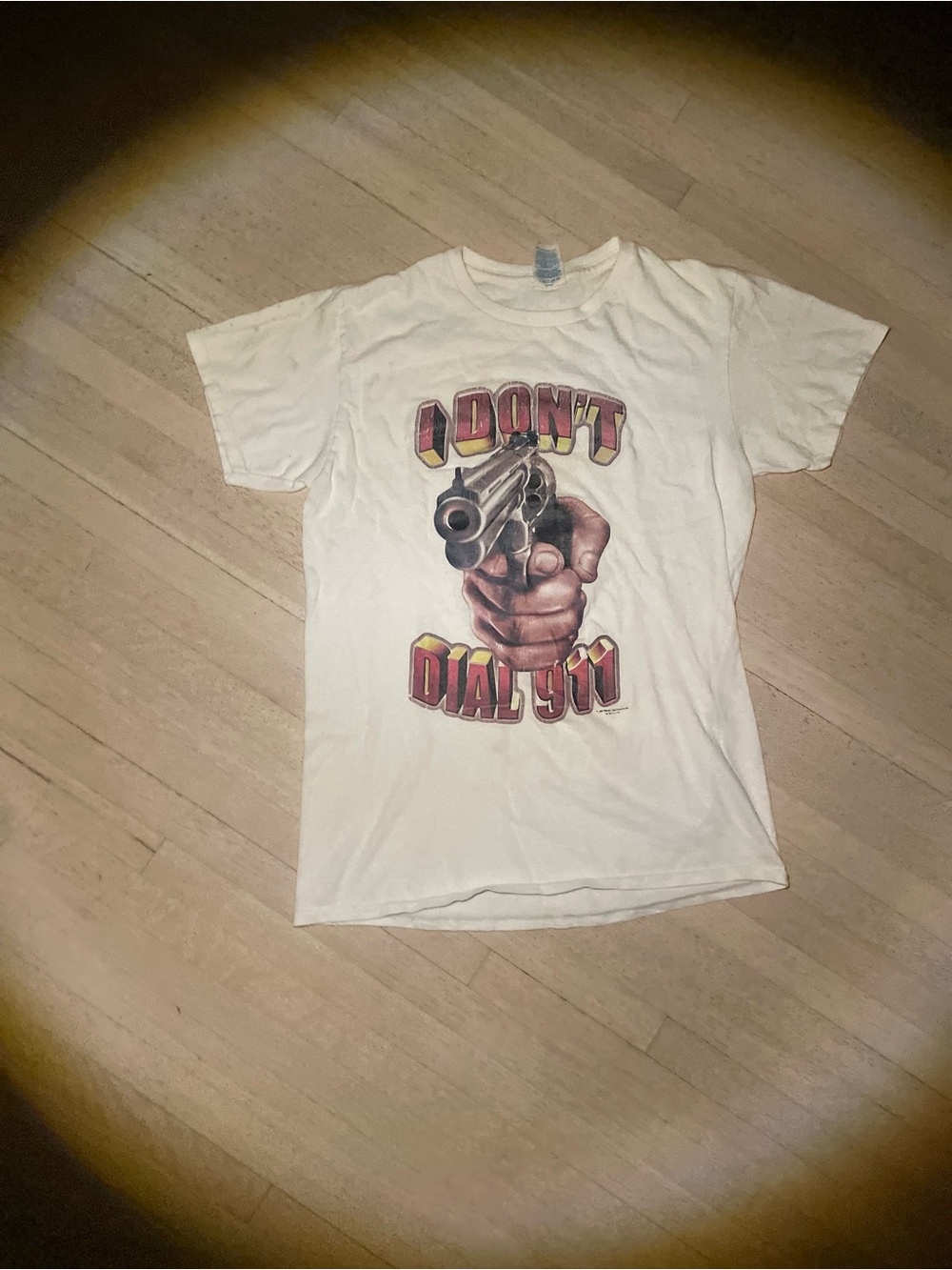 Men's White Short Sleeve Graphic Tee with 'I Don't Dial 911' Print